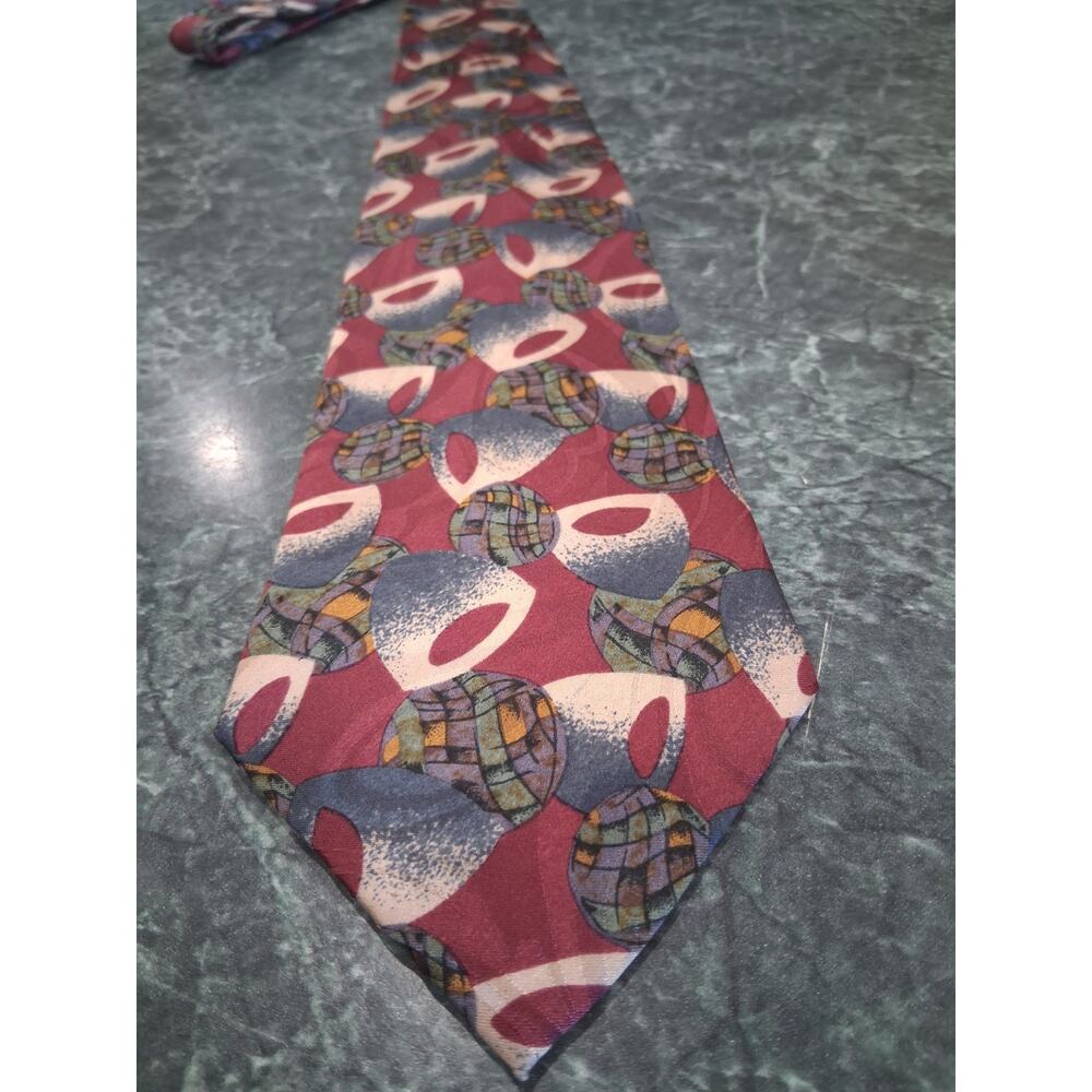 Kaleidoscope Necktie 100% Pure Silk Maroon Blue Sushi Abstract Retro VTG Korea
